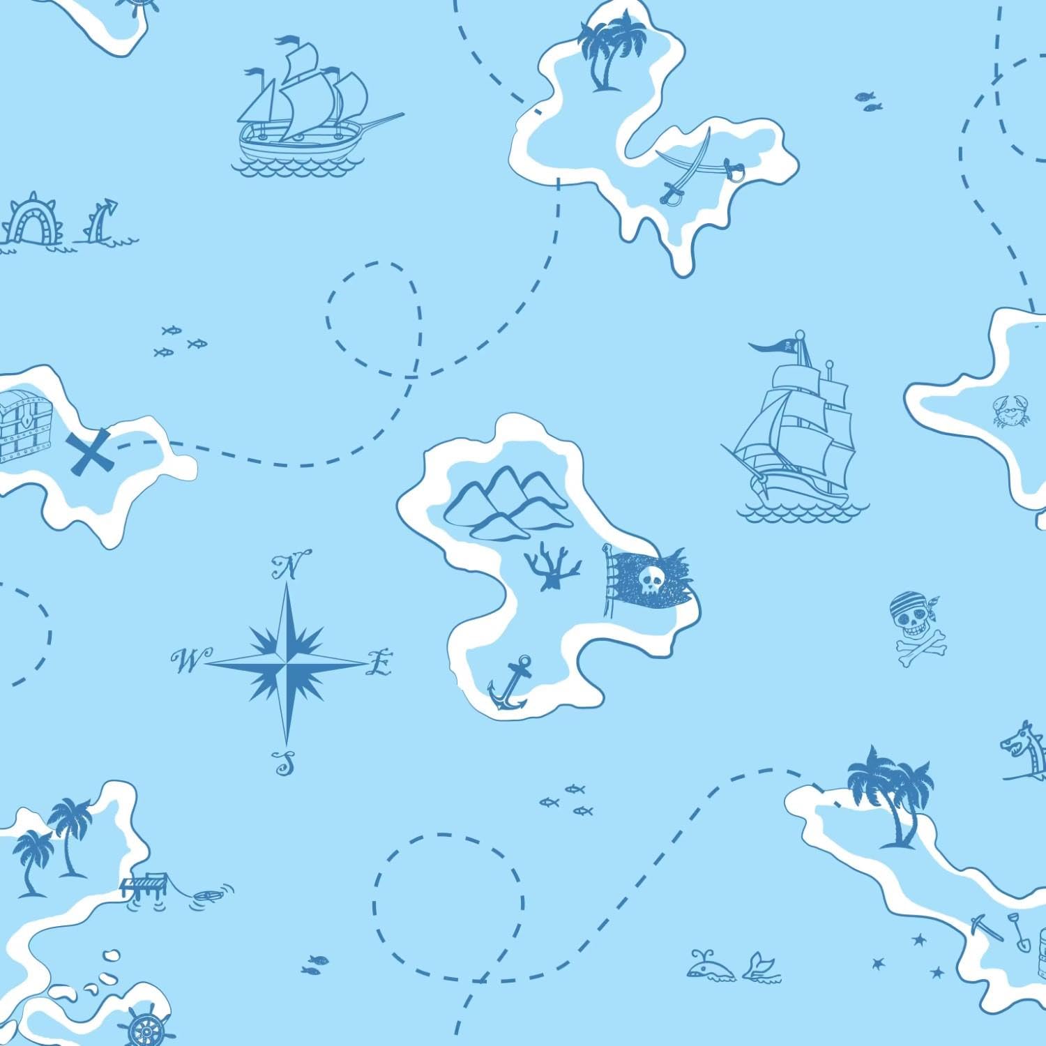 Yöl Blue, White Blue Pirate Map Wallpaper For Kids Bedroom, Nautical Treasure Island Design With Ships, Compass And Sea Creatures, Adventure Feature Wall Décor For Nursery Playroom