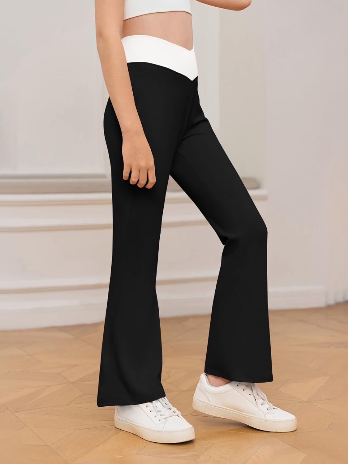 Haloumoning Girls Flare Leggings Cross High Waisted Bootcut Pants Kids Color Block Full Length Bell Bottoms 5-14Y - Image 2