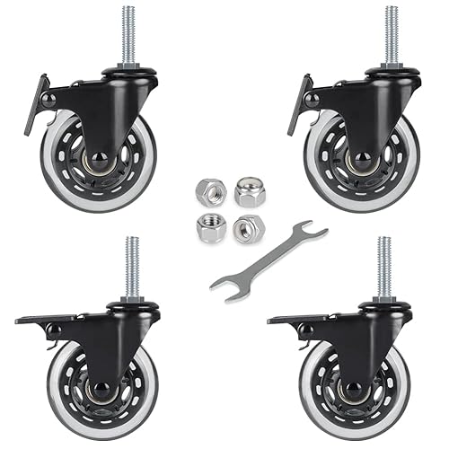 Hirate Ruedas industriales de 3 pulgadas, ruedas giratorias de bloqueo de vástago roscado de 38 a 16 x 1.5 pulgadas para carros, carrito de banco de