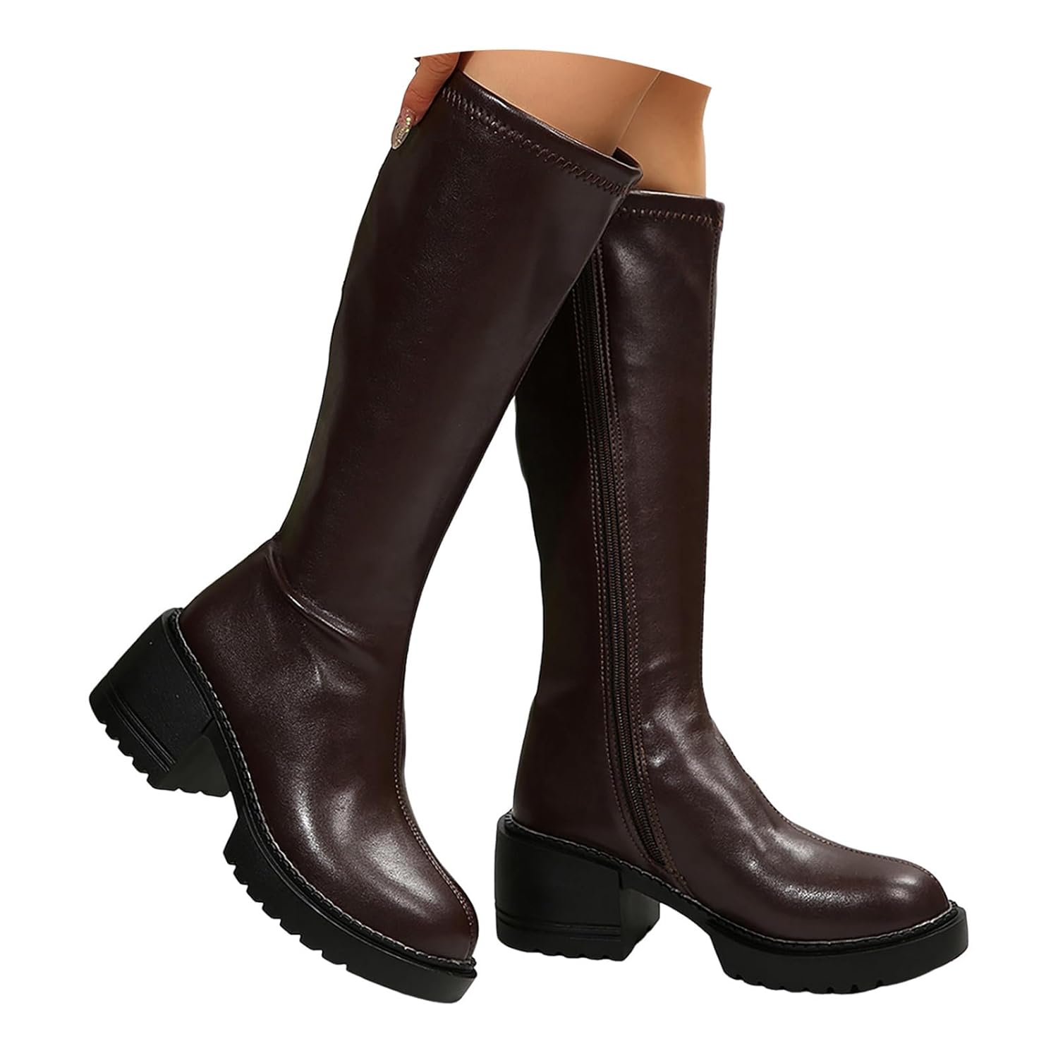 Womens Knee High Riding Boots Non-Slip Platform Comfortable Chunky Heel Almond Toe Side Zip Fashionable Versatile Long Boots