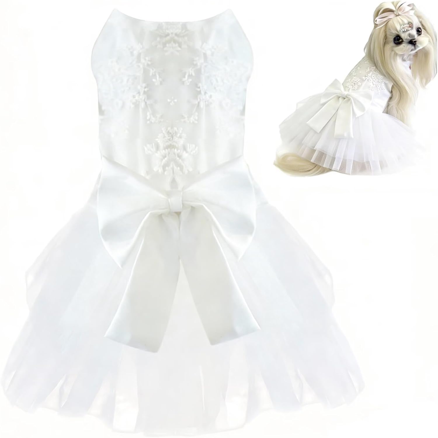 Vestido Tutú para Perros Gatos, Blanco Princesa con Lazo, Disfraz Elegante