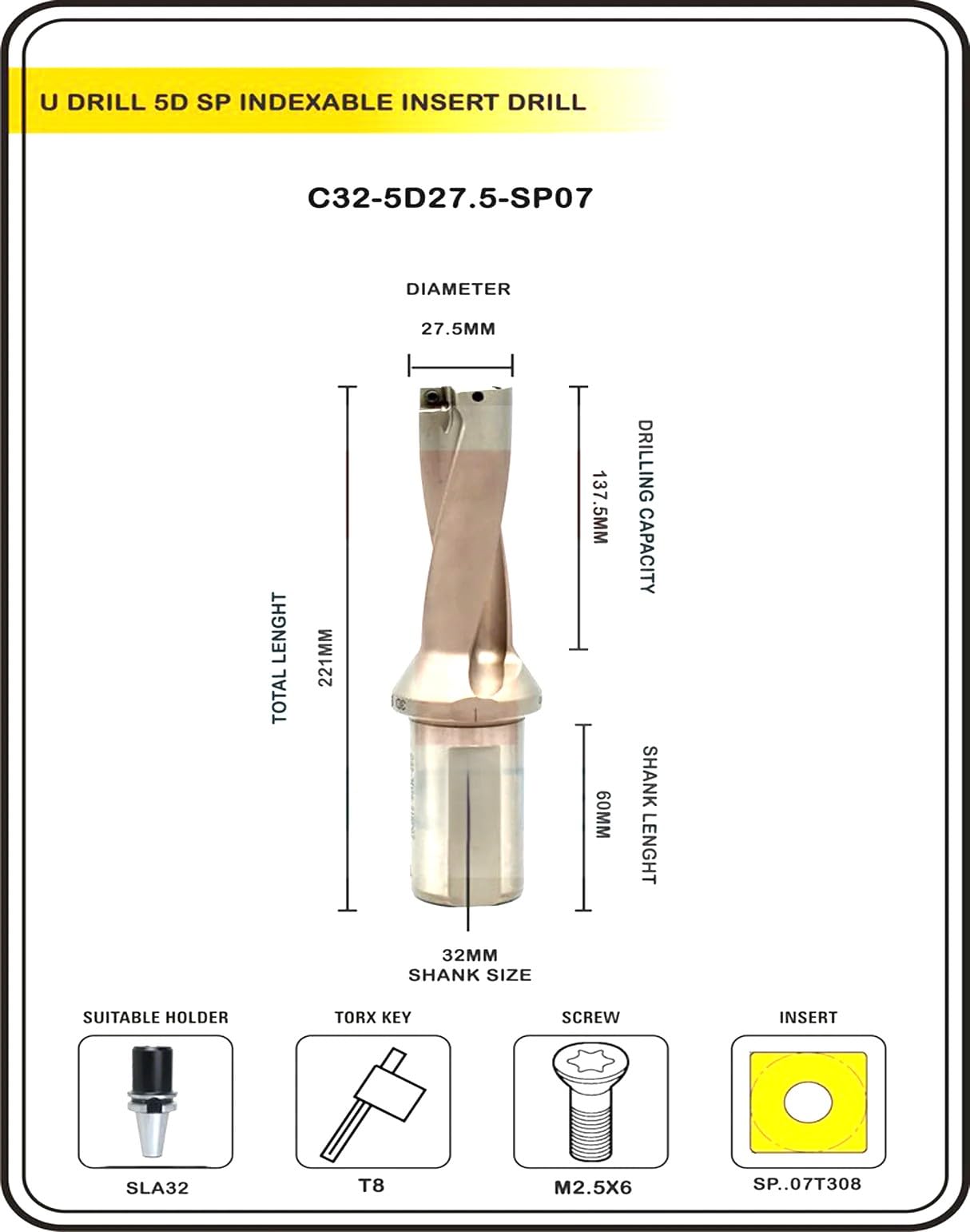 Buyohlic Indexable Insert U Drill 27.5 MM II Weldon Shank II Through Coolant II 10 pcs Carbide Inserts Free (Dia 27.5 mm~5D~32 mm Shank)