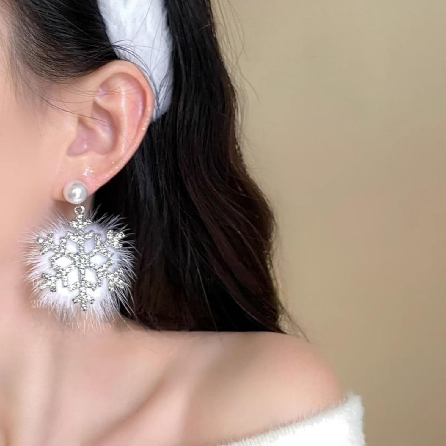 Snowflake Crystal Earrings for Women Christmas Frozen Snow Flower Faux Pearl Sparkly Rhinestone Cubic Zirconia Fluffy Big Dangle Drop Earrings for Xmas Winter Holiday Wedding Fashion Jewelry - Image 2