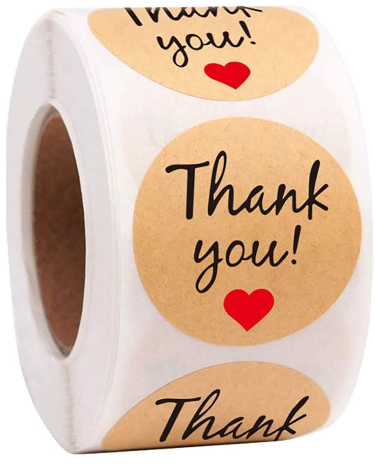 Thank You Label Stickers, 500 Sheets of Self Adhesive Round Kraft Paper Stickers, Personalized Gift Stickers, with Red Heart Graphics, Used for Parties, Shops, Weddings, Gifts, Supermarkets (Brown)