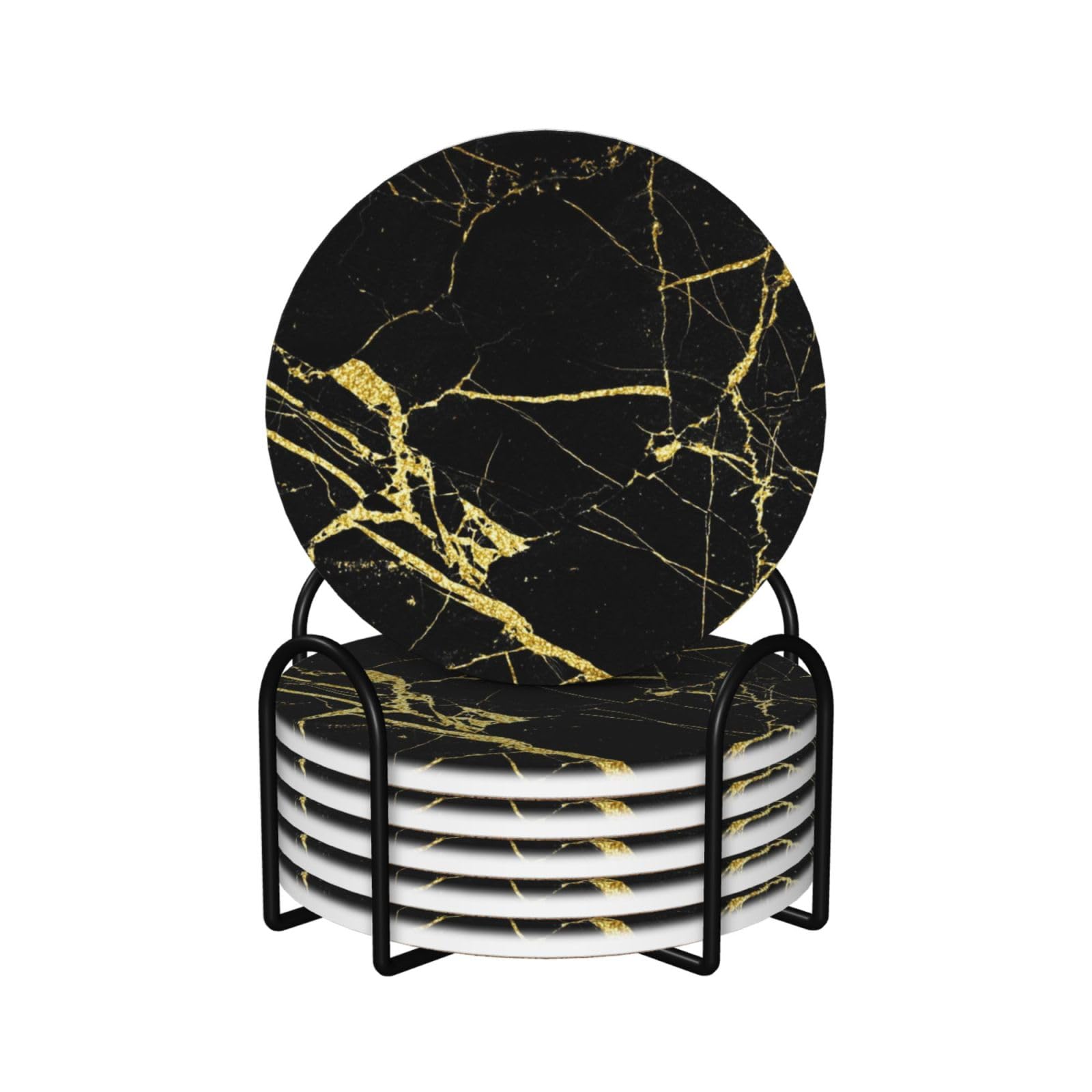 WKSGDSG Ceramic Coaster Set Of 6, Black Gold Marble Round Coasters For Drinks With Cork Base And Metal Holder Absorbent Anti Slip Coasters For Coffee Table Room Bar Home Decor Housewarming Gifts