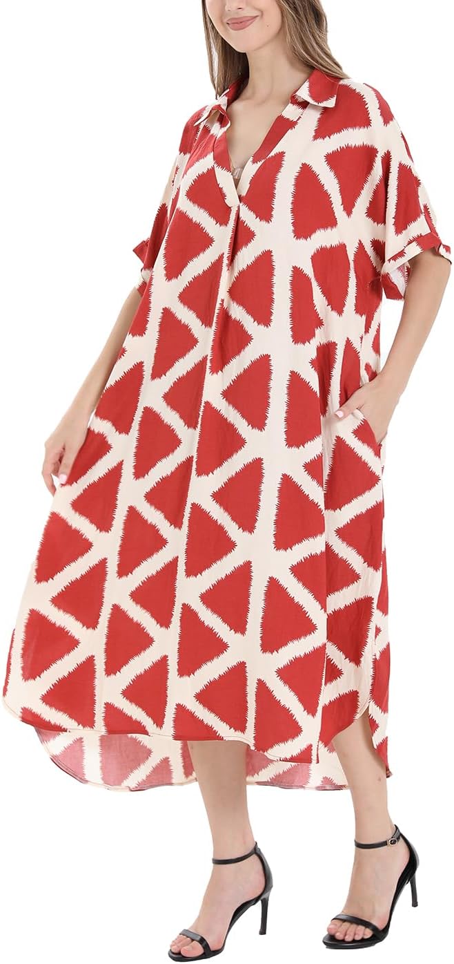 OSTOO Plus Size Women's Floral Print V-Neck Short Sleeve Maxi Dress with Pockets Casual Tropical A-Line Dresses