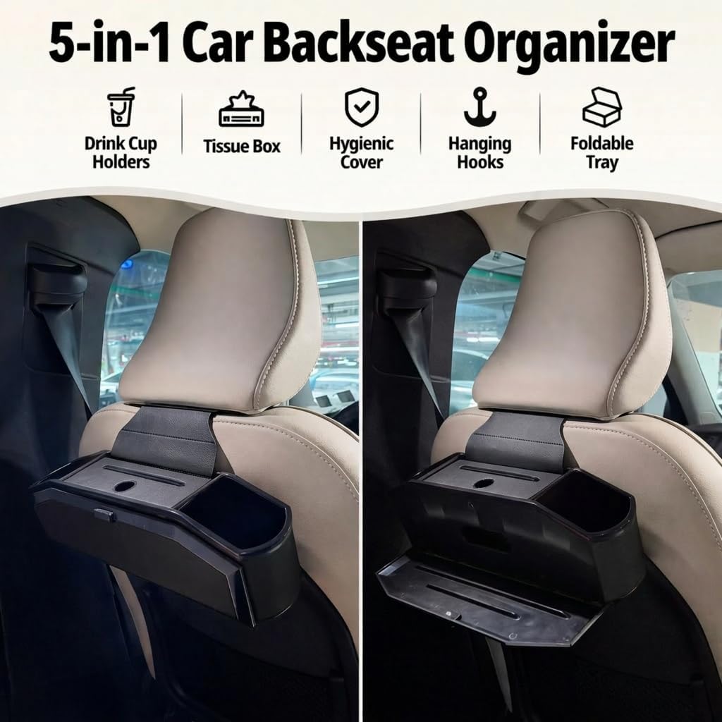 5-in-1 Car BackSeat Organizer, Multifunctional Storage Box with Drink Cup Holders, Tissue Box & Cover, Hanging Hooks, Table Tray for Phone and Tablet - Perfect for kids/Family Road Trip/Travel (Black)