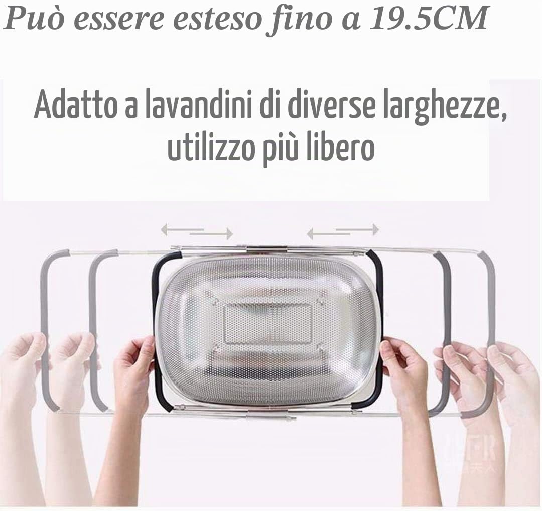 D L D - Colino ovale in acciaio inox di alta qualità con cestello a rete fine da 5,8 litri e manici in gomma espandibili, per scolare, filtrare e sciacquare frutta e verdura (modello The New)