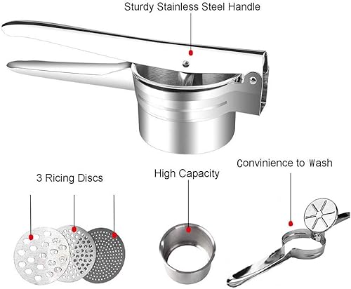 Miniatura 2 de Ricer profesional de patatas de acero inoxidable, triturador de papas con 3 discos de arroz para arroz grueso y fino, la mejor prensa de papas