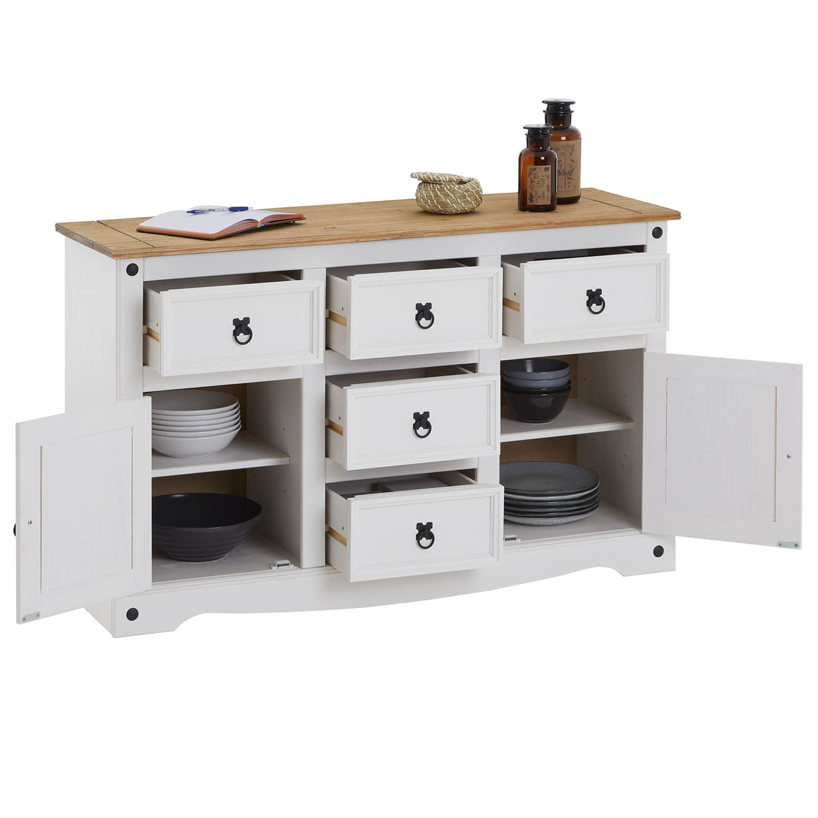 CARO-Möbel Sideboard Campo, Kommode Kiefer massiv, weiß lasiert, 5 Schubladen und 2 Türen