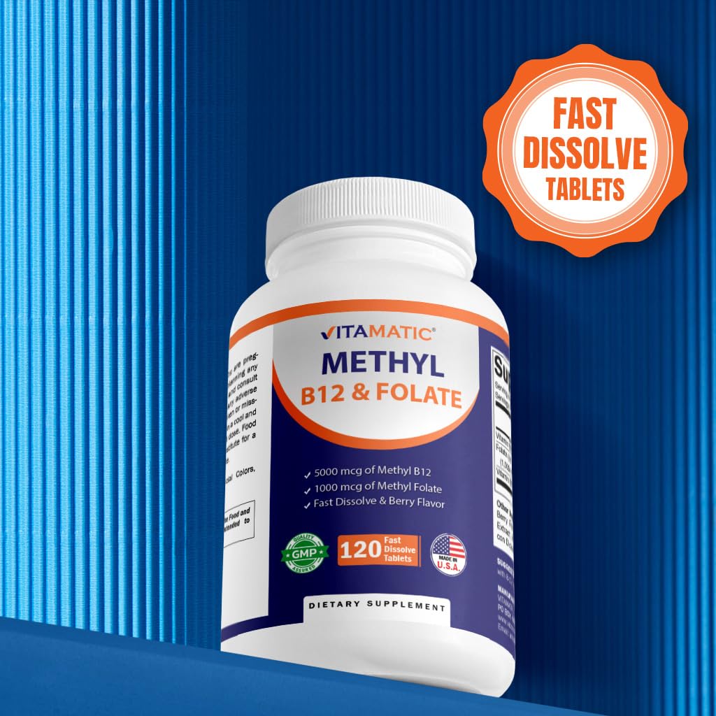 Vitamatic Methyl Folate & B12 Supplement with Pyridoxal 5 Phosphate (P-5-P) - Promotes Cardiovascular Health & Energy Metabolism - 120 Fast Dissolve Tablets - Non GMO & Gluten Free — Amazon image 5