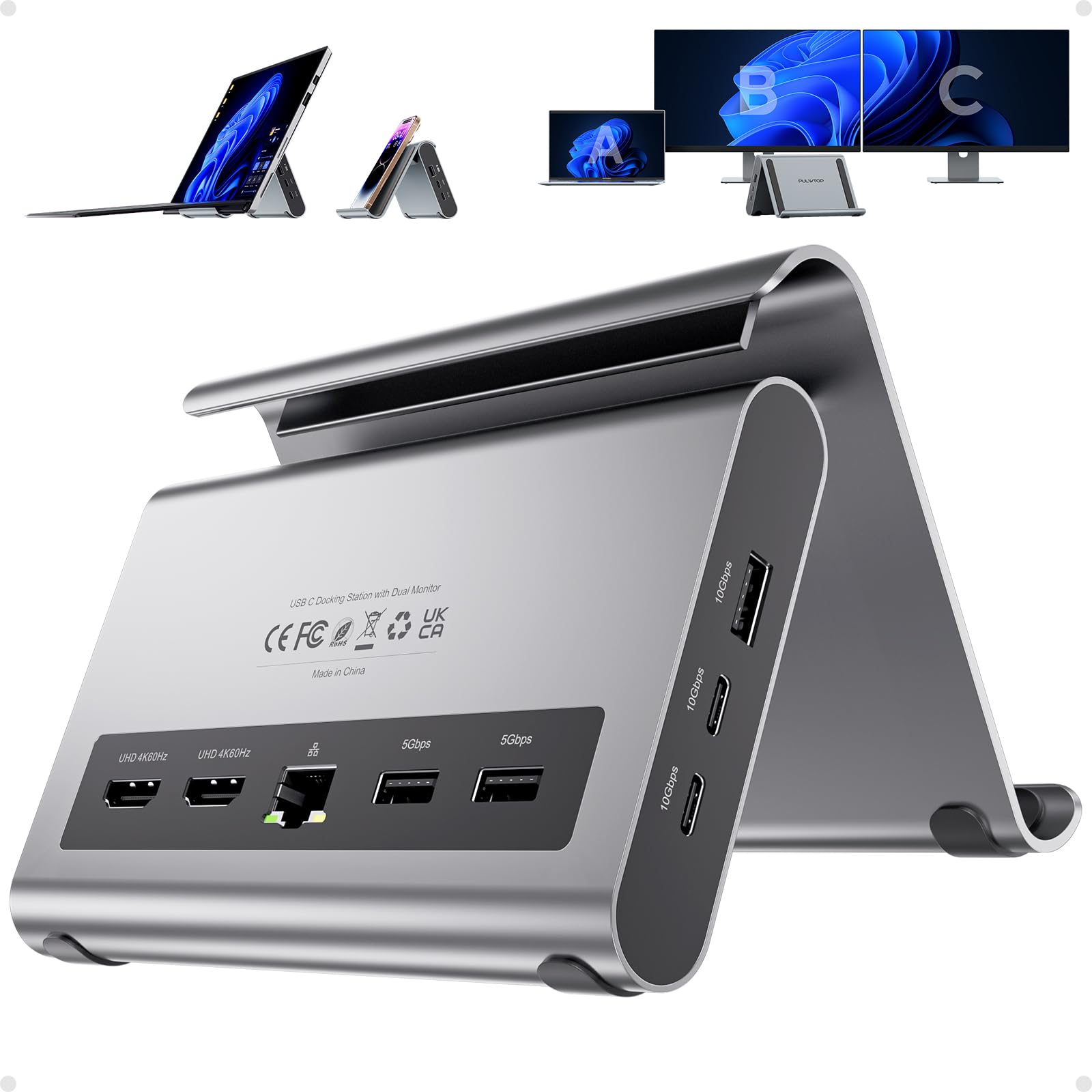 USB C Docking Station Dual Monitor 4K@60Hz, 6X USB-A/USB-C, Plug & Play | PULWTOP USB C Hub mit 2x HDMI, PD, Ethernet, vertikale Dockingstation für Surface Pro 11/10/9/8 & Windows Laptop - Grau