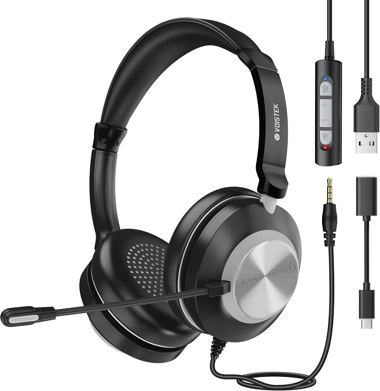 Voistek USB Cuffie con Microfono per PC, 3-in-1 Tipo C USB 3,5 mm Jack, Cuffie Filo Microfono con Cancellazione del Rumore per Ufficio, Call Center, Business, Online Chat Corsi Smartphone, Computer