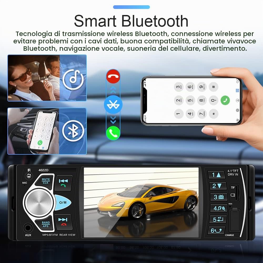 Hikity Autoradio Bluetooth 1DIN, 4.1'' Display Digitale TFT | Radio Stereo Auto, Vivavoce Bluetooth FM USB AUX TF, Comandi al Volante, Telecamera Posteriore, Nero