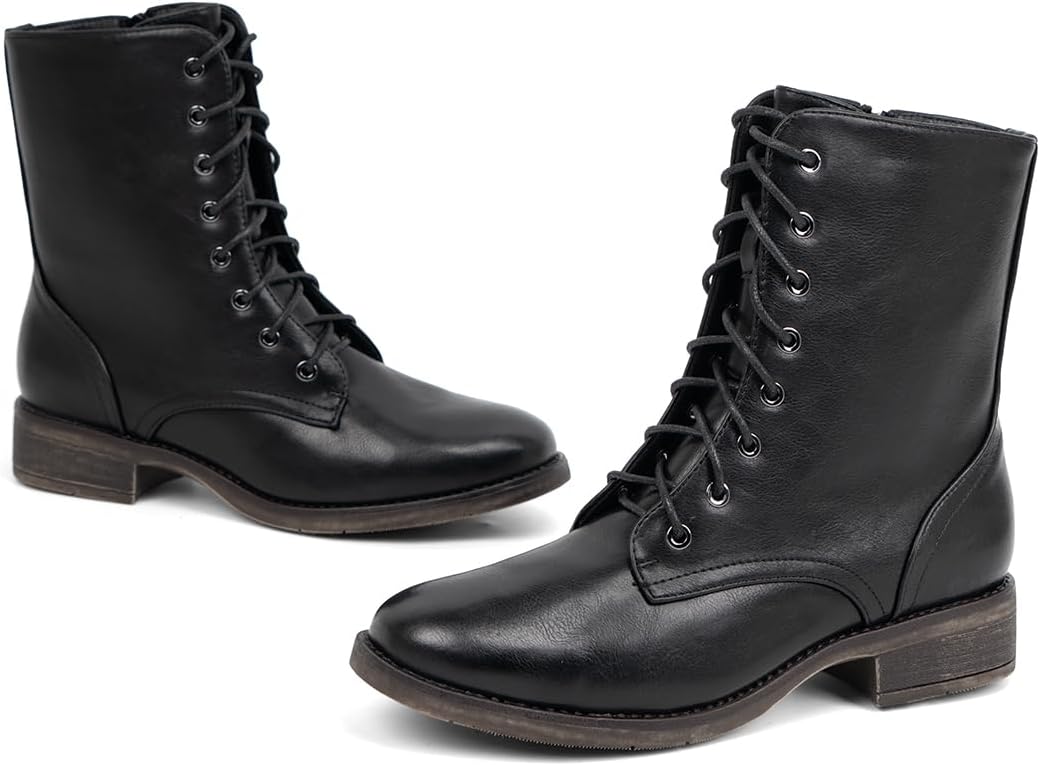 VJH confort Women's Mid Calf Boots Lace-up Military Combat Low Heel Booties with Zipper