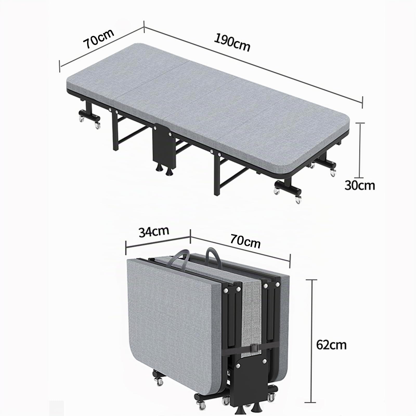 Letto Brandina Pieghevole con Materasso, 70x190cm Letto a Scomparsa, Letto Pieghevole Portatile con Struttura Resistente E 8 Ruote Girevoli