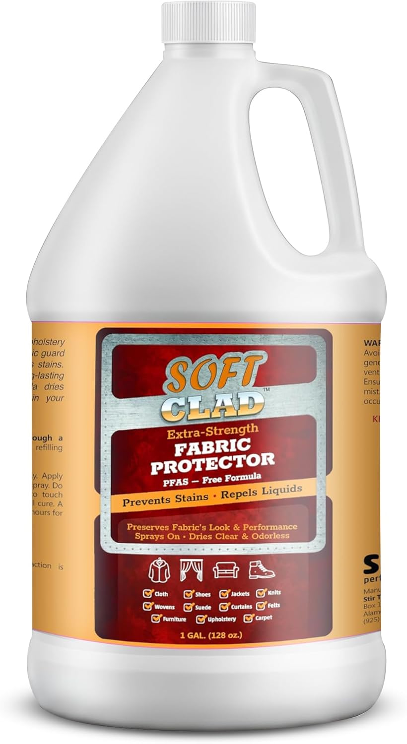 Extra Strength Fabric Protector Spray Prevents Stains and Repels Liquids. SoftClad Guards Furniture, Shoes, Carpet, Upholstery, Suede, Leather, Couch. Safe for Indoor Use. PFAS Free Formula. 1 Gallon