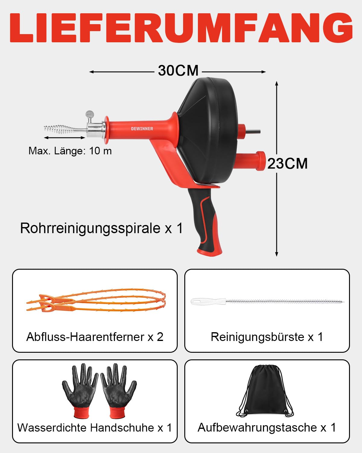 DEWINNER Rohrreinigungsspirale 10m mit Bohraufsatz - Manuell & Elektrisch Abflussreiniger Komplettset inkl. Handschuhe - Für Küche, Waschbecken, Dusche, Badewanne