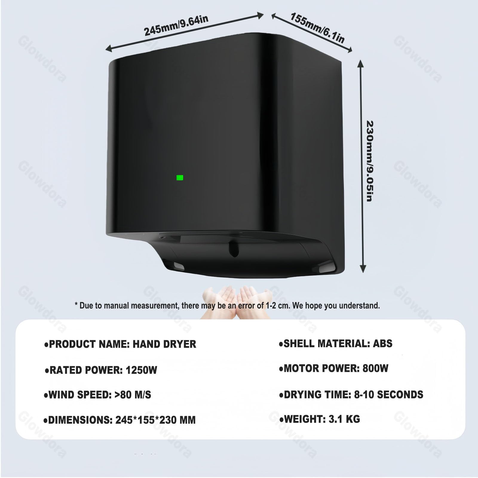 Secador De Manos Eléctrico Comercial Y Doméstico, 1250w De Alta Potencia, >80m/S De Velocidad, 8-10s De Secado Baños De Hotel, Restaurante,Oficina, Casa O Apartamento Silver