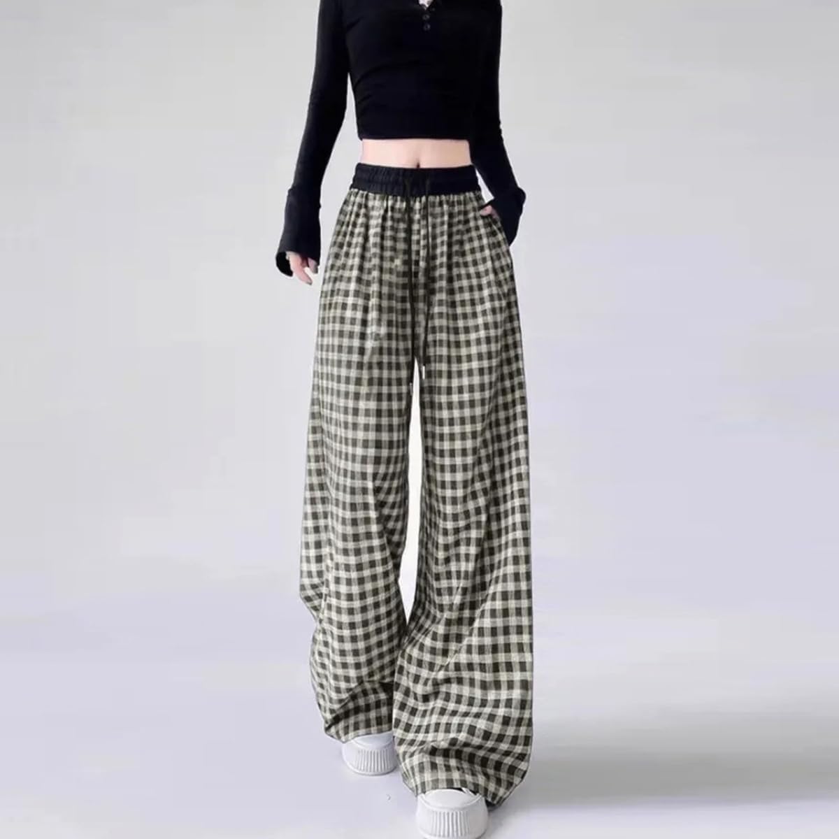 Retro Plaid Casual Pants for Women in Spring Autumn Loose Straight Draping Floor Walking