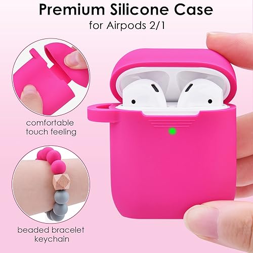 Miniatura 3 de Compatible con Airpod, bonita funda protectora de silicona con llavero de pulsera para mujeres y niñas (rosa fucsia)