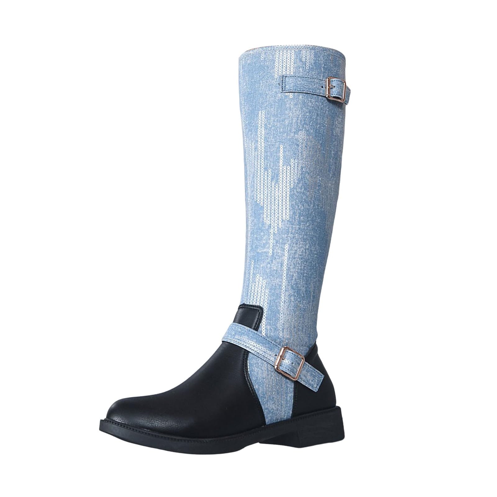 Botas de Invierno Mujer Botas Altas Punta Redonda hasta la Rodilla, Estilo Patchwork Vaquero, con tacón Grueso, Ideales para otoño Invierno.