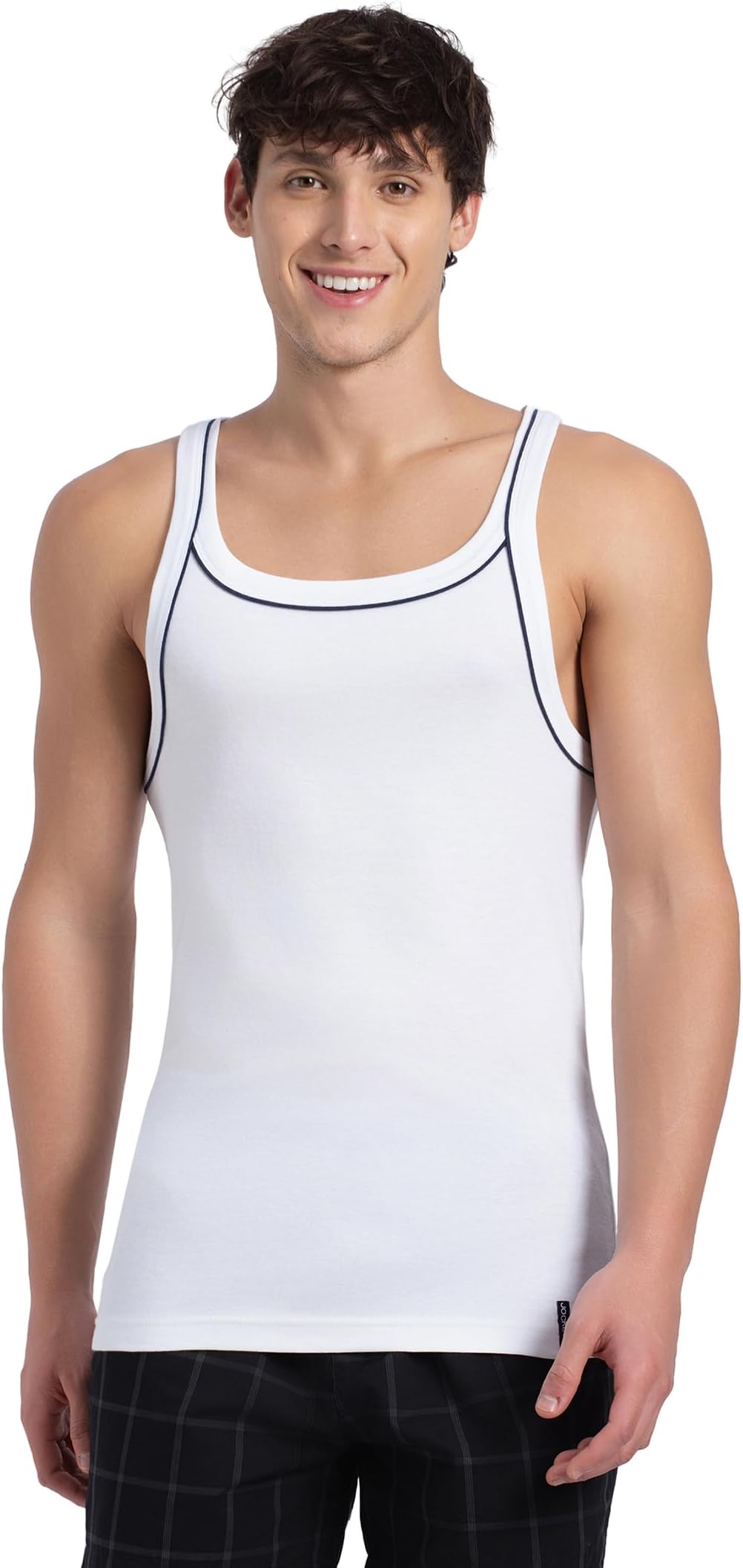 US54 Men's Super Combed Cotton Rib Square Neckline Slim Fit Gym Vest with Back Panel Graphic Print (Shoulder Starp Color May Vary)