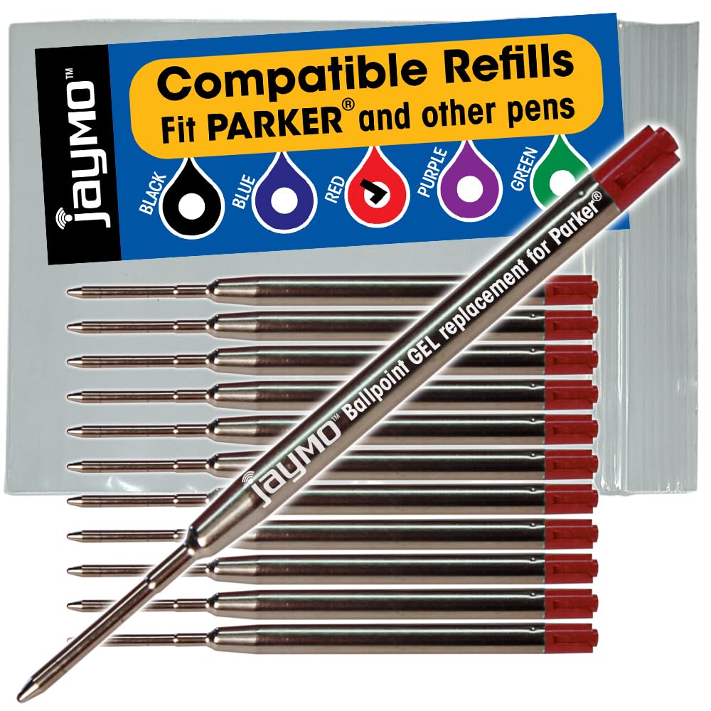 Jaymo Replacement for Parker 30525PP/30526PP - Measures 3.875 in / 98 mm Long - G2 Gel Ballpoint Pen Refill - 12 Red