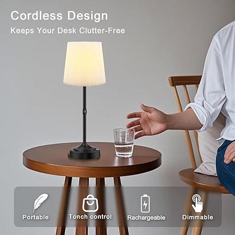 GDSZBYSM Cordless Lamp, Rechargeable LED Table Lamp 5200mAh Battery Operate Portable Nightstand Lamp Dimmable Touch Control Fabric Shade 2700K Warm Light for Dining Bedroom Living Room Patio Decor (Black) photo 2