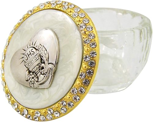Needzo Rosario de la primera comunión de cristal transparente con tapa de cáliz IHS en tono dorado, 2 1/8 pulgadas