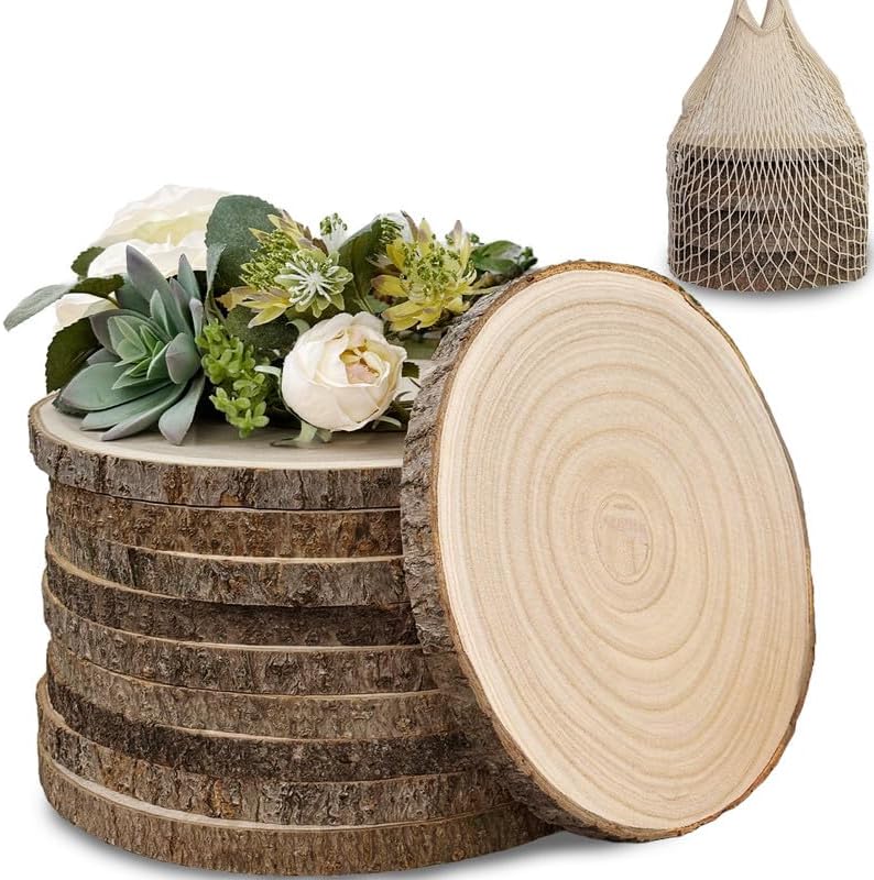10Pcs 8-9Inch Natural Large Wood Slices for Centerpieces for Tables, Rustic Wooden Slabs, Rounds DIY Craft, Wedding Party Decor, Unfinished Wood Discs (10pcs Medium (8"-9"))