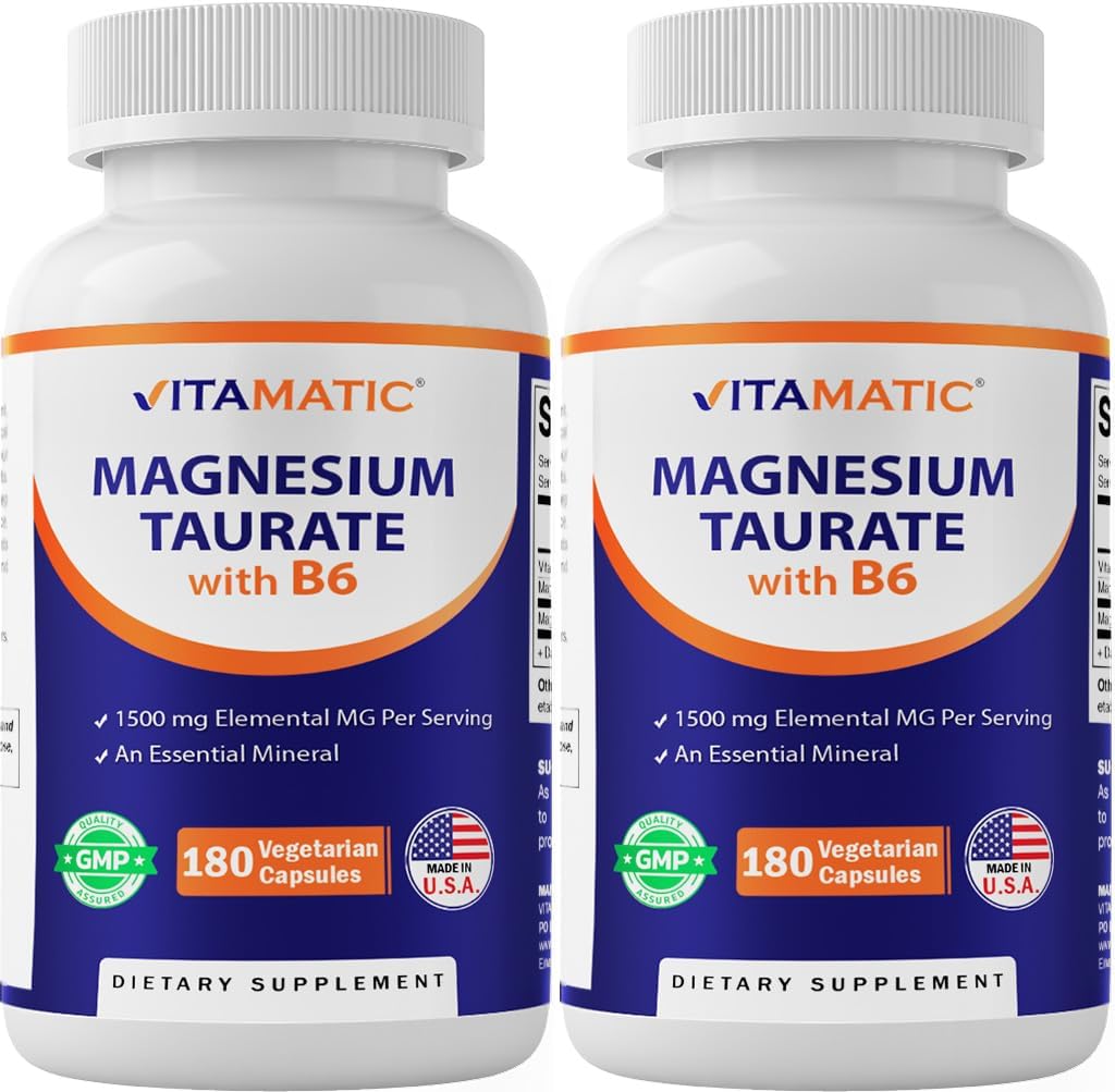 Vitamatic 2 Pack - Magnesium Taurate 1500mg per serving - 180 Vegetarian Capsules (Provides 300 mg of Elemental Magnesium) - Added B6 for Maximum Absorption - Supports Muscle, Joint, and Heart Health*