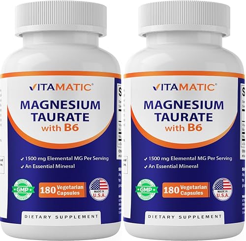 Vitamatic Paquete de 2 – Taurato de magnesio 1500 mg por porción – 180 cápsulas vegetarianas (proporciona 300 mg de magnesio elemental) – B6 añadido
