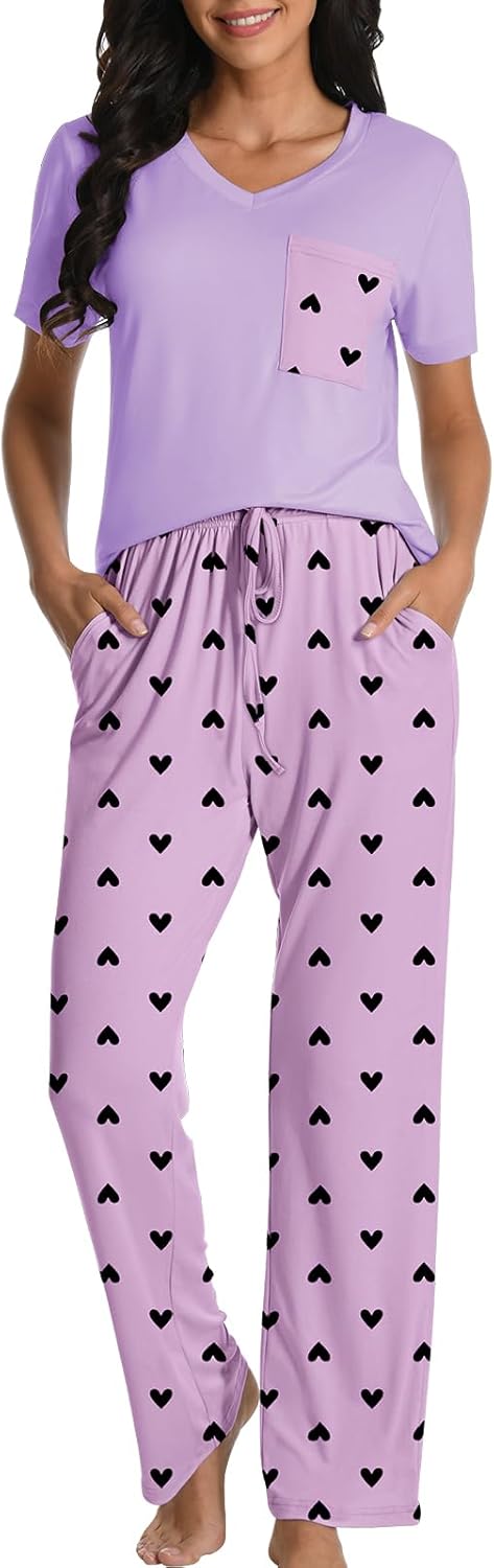 COSSEN Women’s Pajama Set 2 Piece Super Soft Sleepwear Short Sleeve Top and Pants with Pockets Long Sleeve PJ Sets