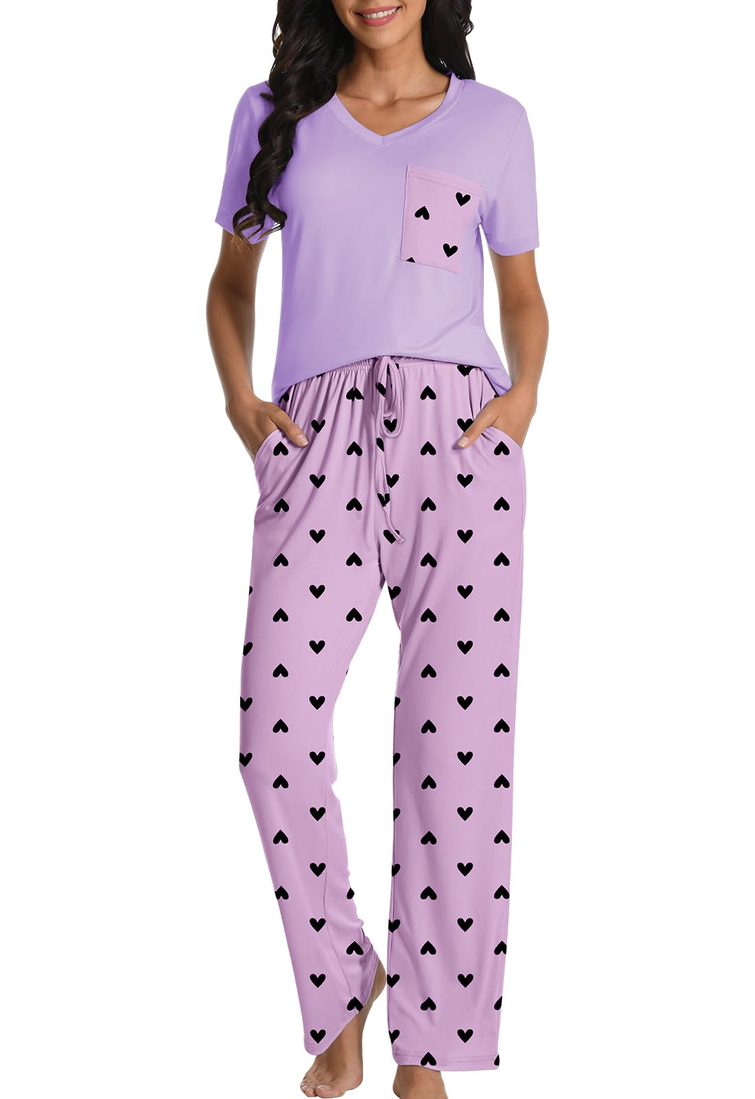 COSSEN Women’s Pajama Set 2 Piece Super Soft Sleepwear Short Sleeve Top and Pants with Pockets PJ Set