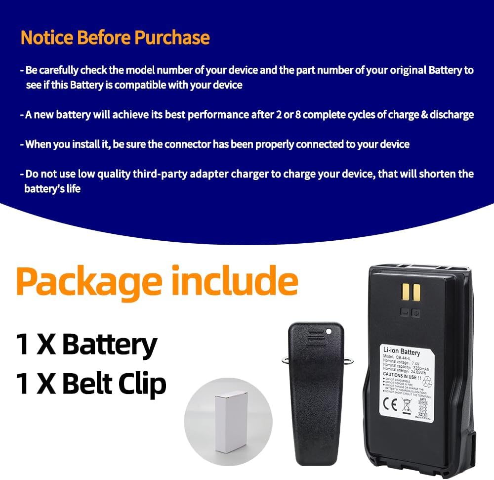7.4V 3250mAh QB-44HL BP-878T Li-ion Battery with Belt Clip for Anytone AT-D878UV Plus D878UV D868UV D858 BTECH DMR-6X2 Radio