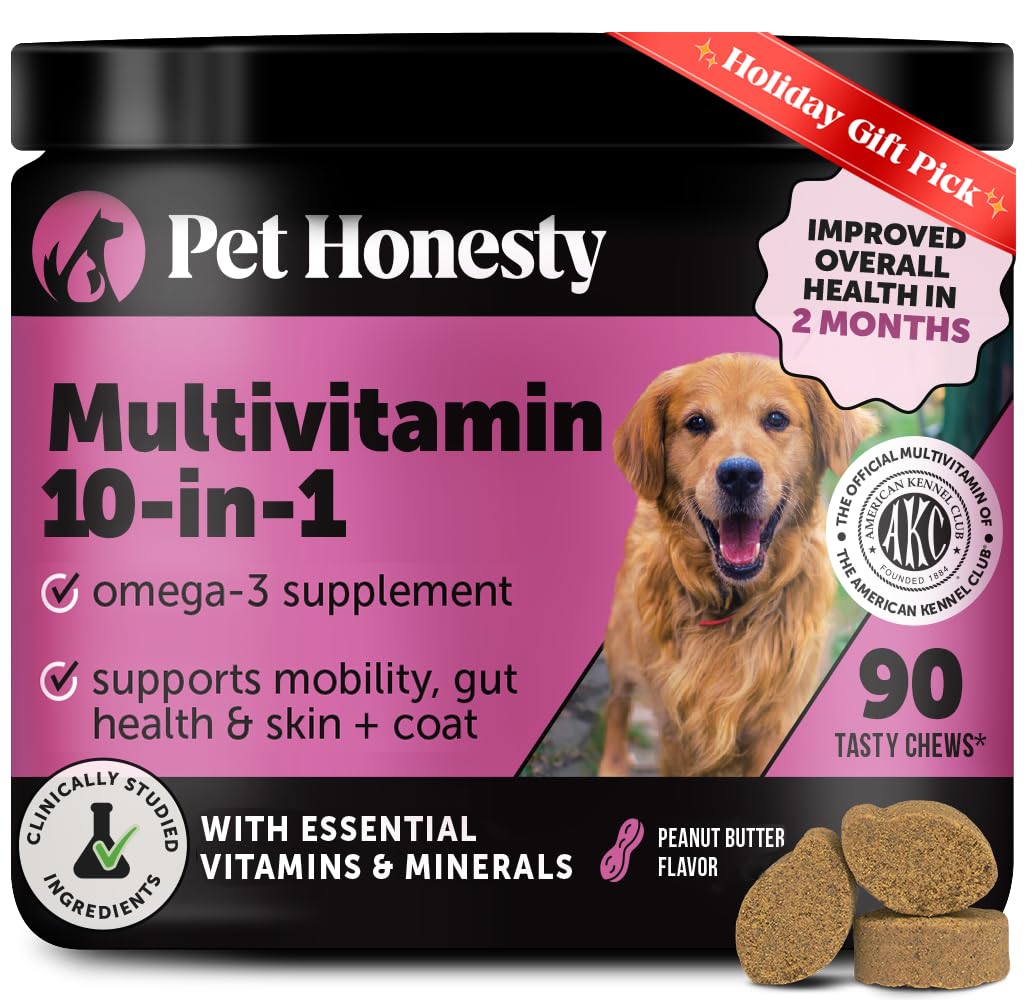 Pet Honesty Multivitamin Dog Supplement, Glucosamine chondroitin for Dogs, Probiotics, Omega Fish Oil, Dog Supplements & Vitamins, Dog Vitamins for Skin and Coat Allergies, (Peanut Butter 90 ct)