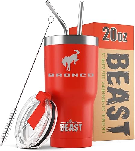 Maddmax Car Art Ford Bronco - Vaso aislado de acero inoxidable de 20 onzas con tapa, 2 popotes, cepillo y caja de regalo, 4 x 4, color rojo