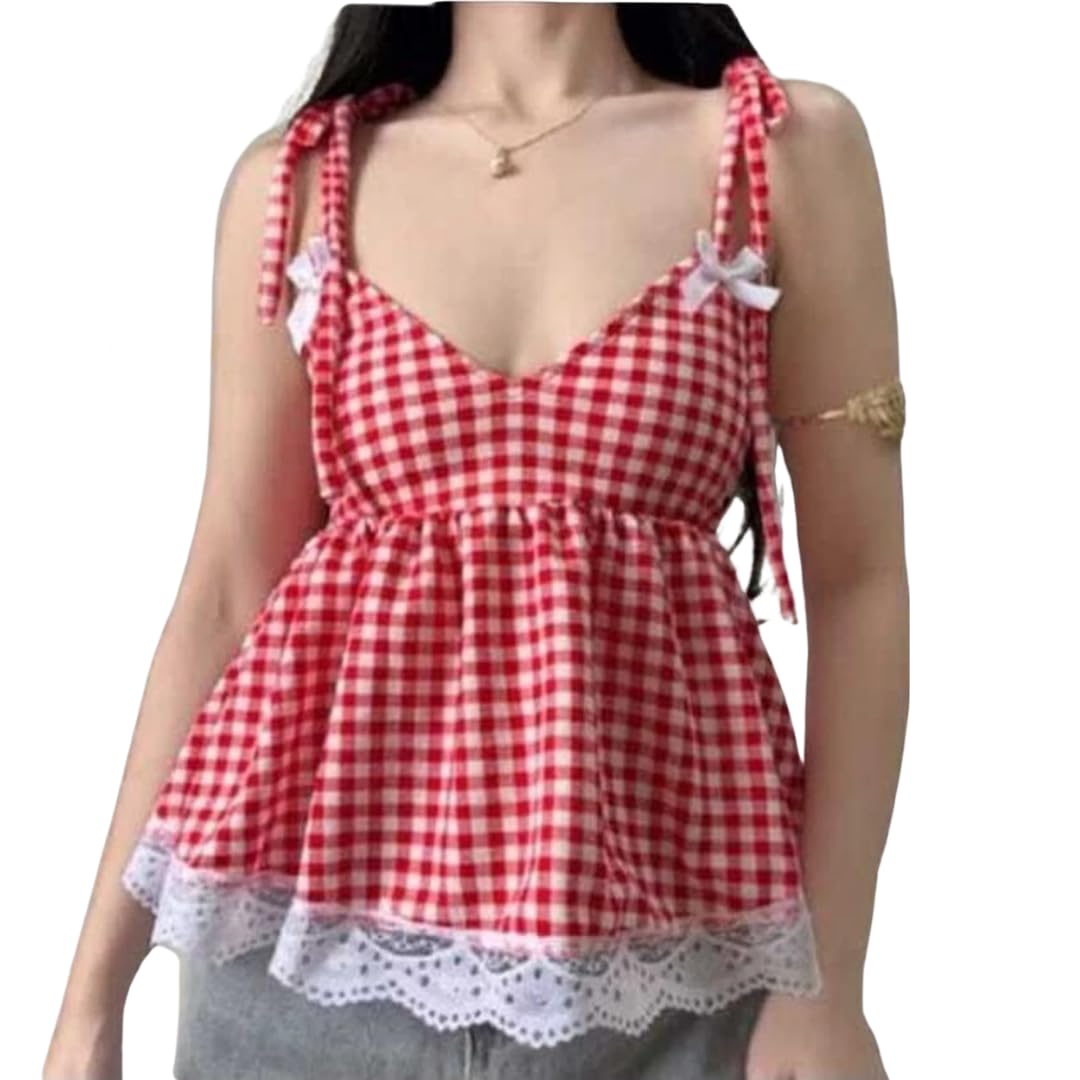 lush & loom life style Lush & Loom Lifestyle Women's Gingham Check Peplum Top with Lace Hem | Sleeveless Tie-Up Strap Cami Top | Casual Babydoll Top for Women-picture-27