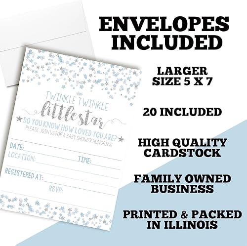 Miniatura 2 de AmandaCreation - Invitaciones para baby shower con diseño de estrella, color azul y plateado, 20 tarjetas de relleno de 5 x 7 con veinte sobres