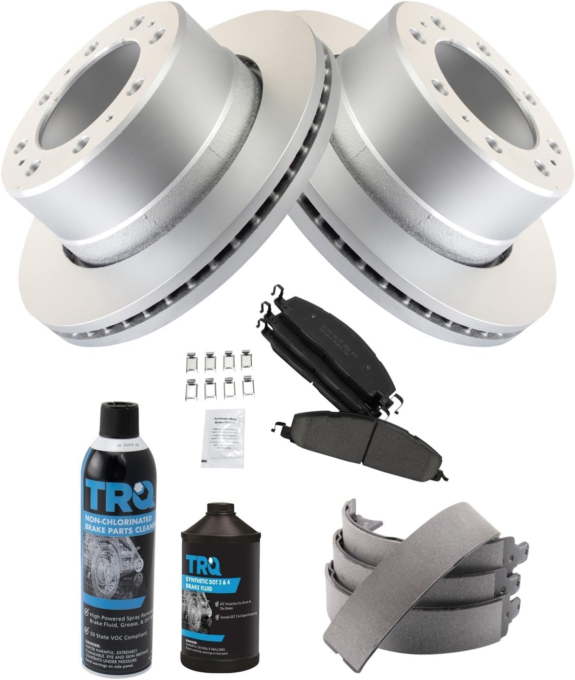TRQ Rear Brake Pad & Rotor Kit Brake Chemical Kit Brake Pads Brake Rotor Parking Brake Shoe Set Ceramic Premium G-Coated Compatible with 2009-2010 Dodge Ram 2500 Ram 3500 2011-2018 Ram 2500 3500
