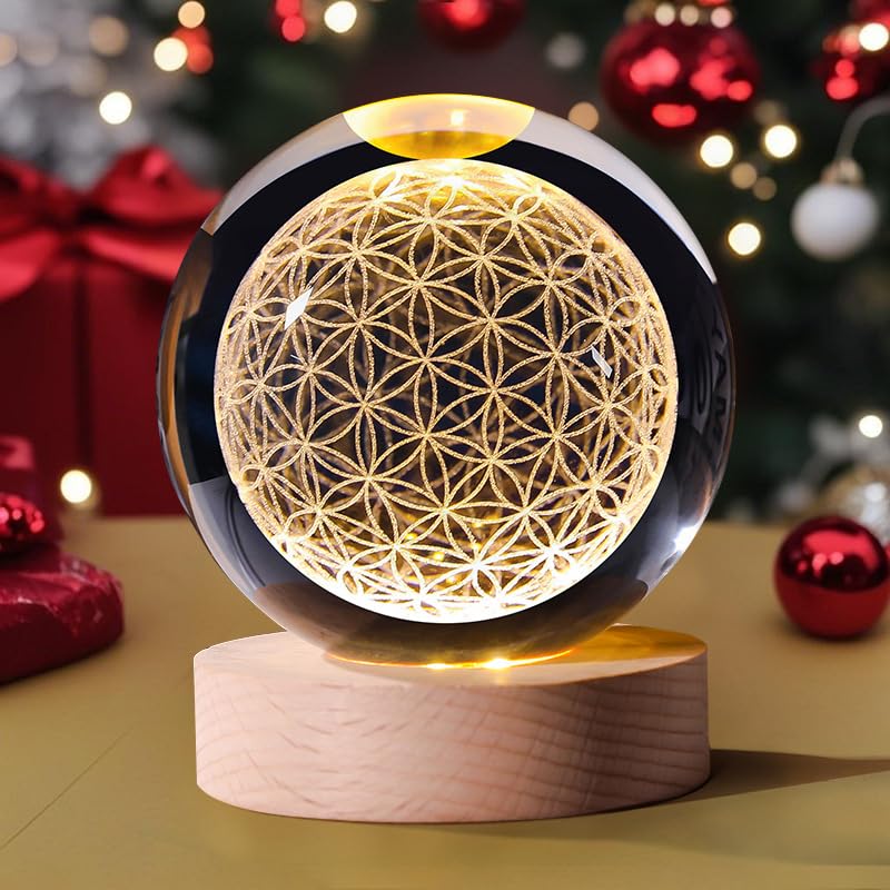 OUZAN 2.4inch Crystal Ball Night Light for Kids with Warm LED Lamps - USB-Powered Crystal Night Light with Wooden Base, Ideal Gift for Birthdays, Christmas, and Home Decoration，Flower-Ball