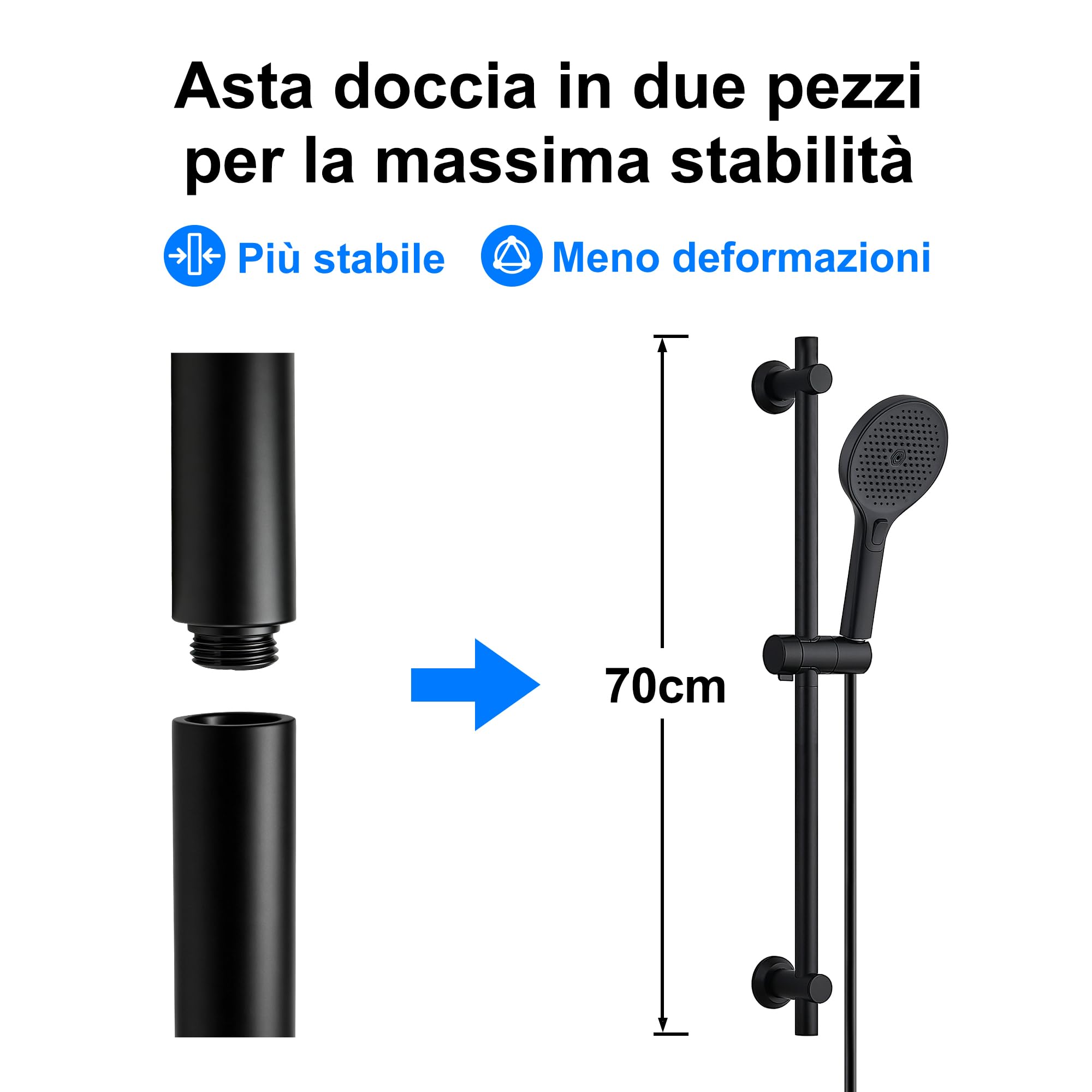 JOHO Colonna Doccia Senza Miscelatore, Asta Doccia Acciaio Inox 70 cm con Supporto Soffione Regolabile, Saliscendi Doccia Adattarsi ai Fori Esistenti con Doccetta 3 Geti, Nero