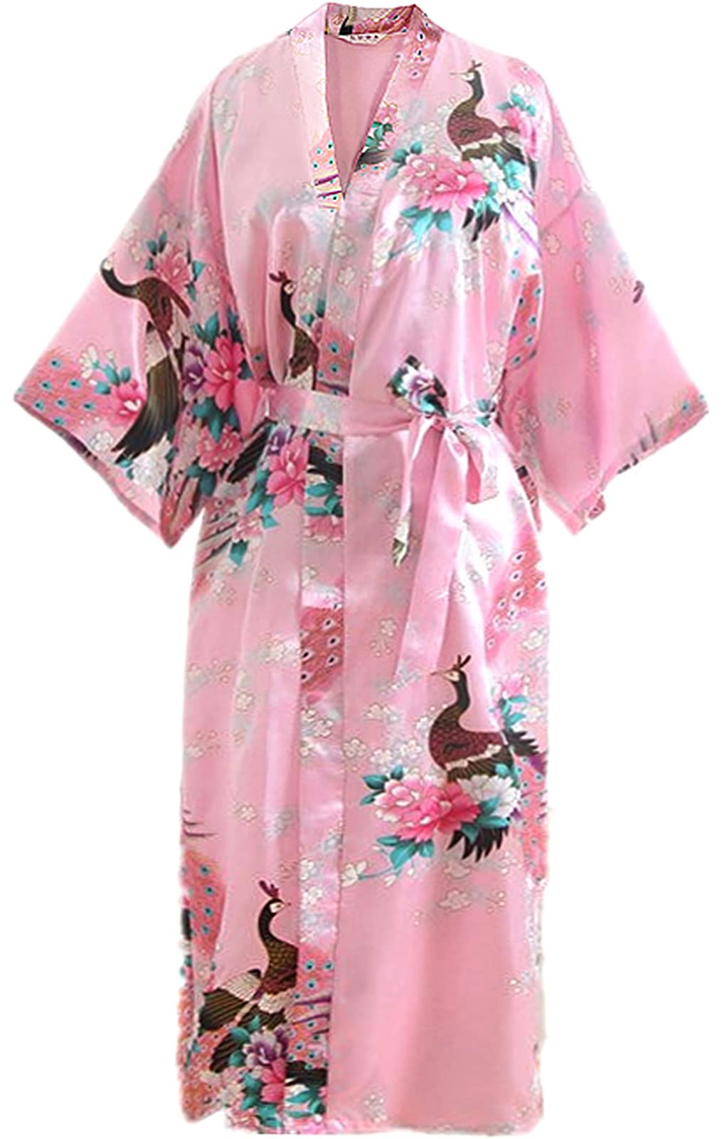 KharmLaddy Bata kimono de satén para mujer, camisón de seda de pavo real, pijama, bata de baño para boda, bata de dama de honor
