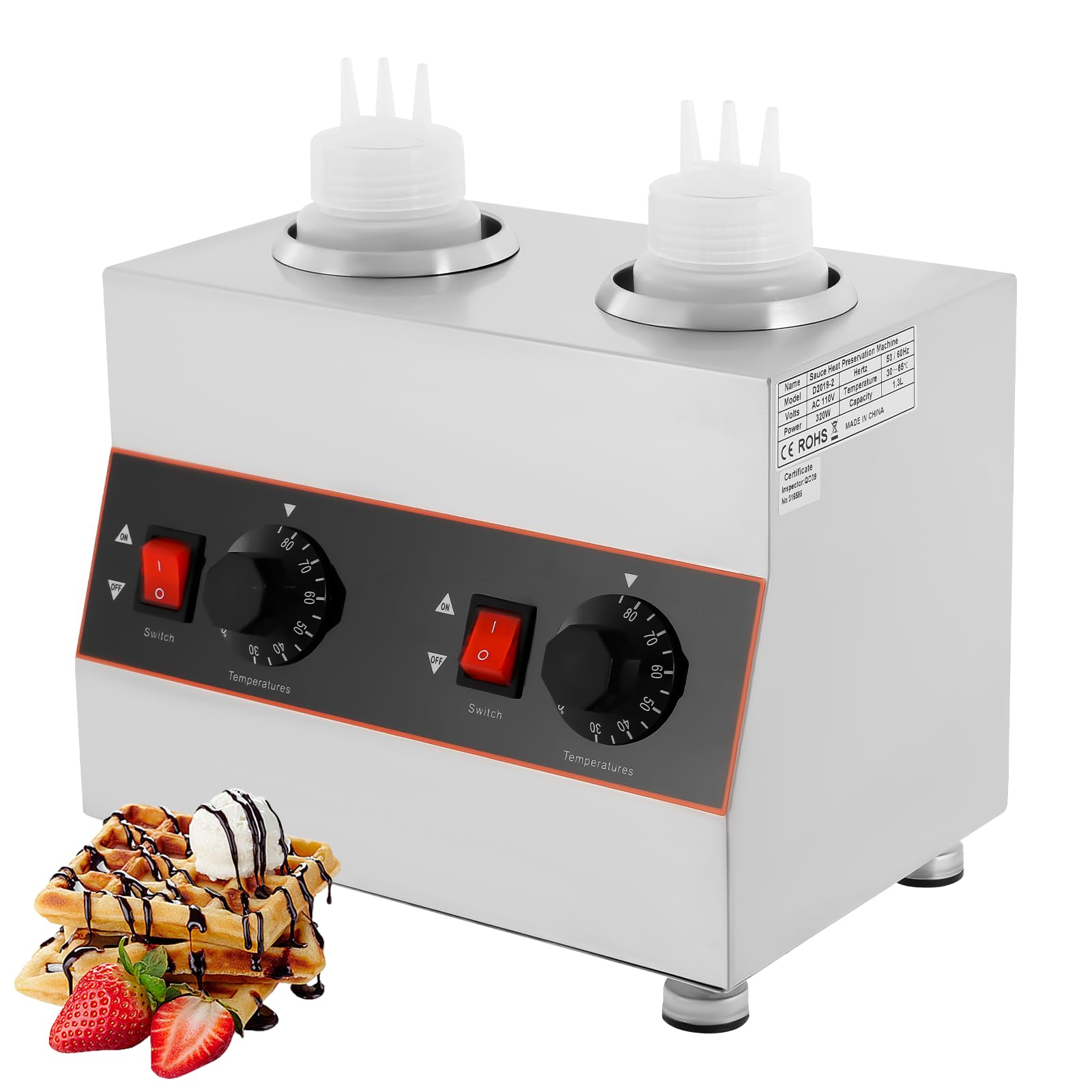 Dispensador calentador de salsa, calentador de alimentos de acero inoxidable con temperatura ajustable de 30 a 85 °C para queso nacho, dulce caliente, caramelo, capacidad para 4 botellas