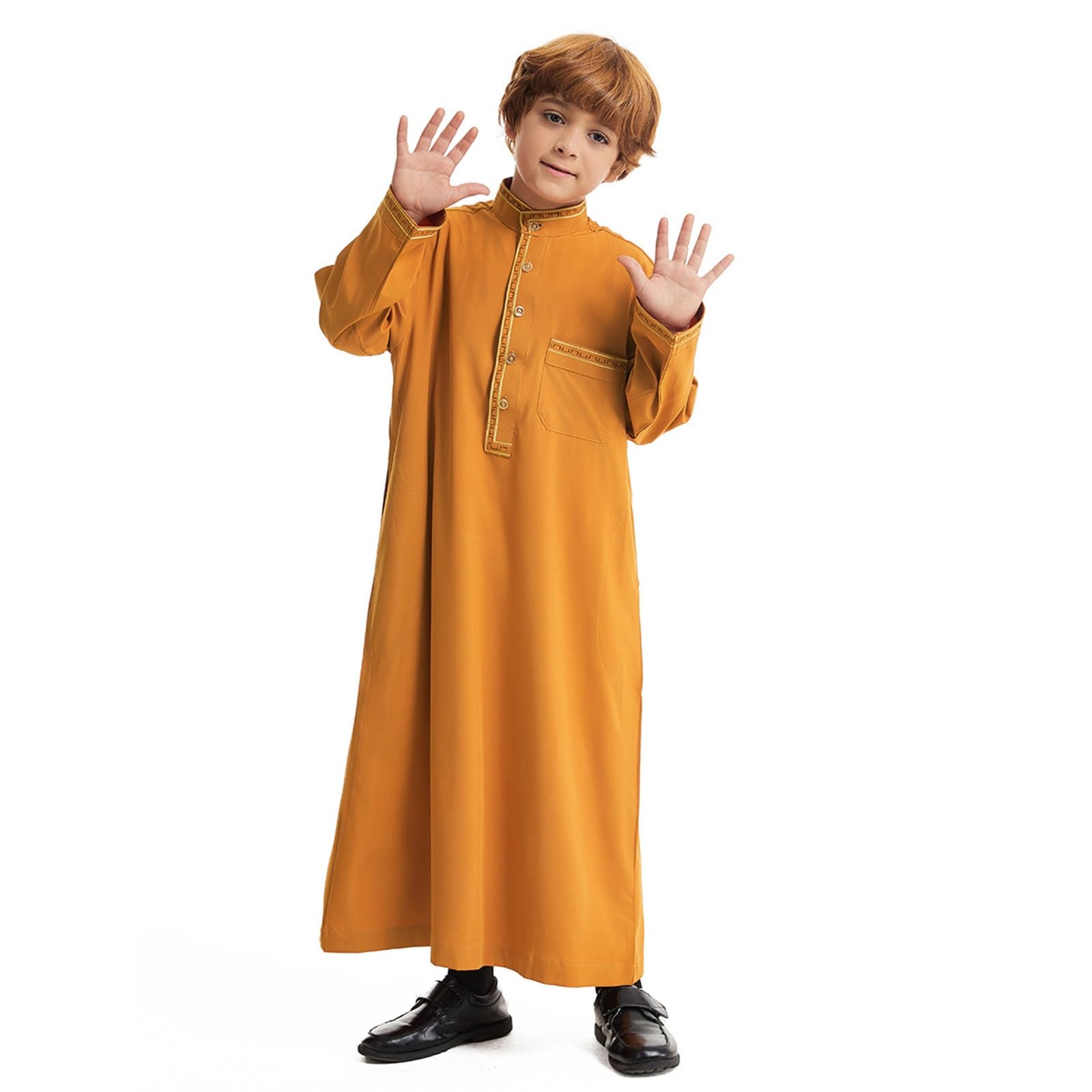 Eid ubrania dla chłopców biała Thobe muzułmańska szata z długim rękawem zapinana na guziki chłopcy Jubba z kieszeniami kaftan haftowana odzież narodowa Abaya dla dzieci na prezenty Eid i piątkowe