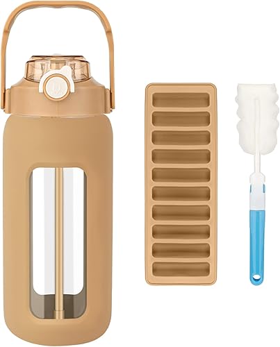 Zukro Botella de agua de vidrio de 50 onzas con popote y asa de transporte a prueba de fugas botella de vidrio grande de boca ancha con funda de