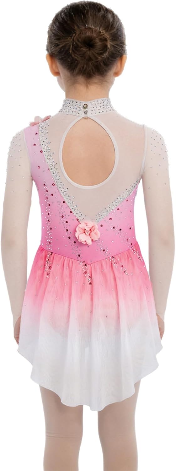 Kids Girls Gymnastics Sparkly Rhinestones Skiing Dance Skirted Leotard Ballet Dress Long Sleeves Outfit