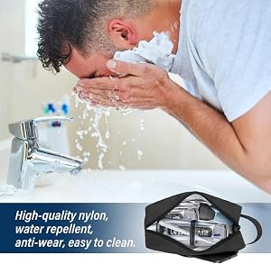 Waterproof Toiletry Bag for Men - Travel Shaving & Cosmetic Organizer with Handle, Portable Gym Shower Bathroom Essentials Bag, Durable Water-Resistant Toiletries Accessories (Black)