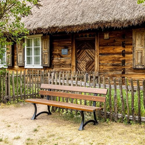 REKORD Gartenbank 170 x 59 x 73 cm Robuste Parkbank aus Metall und Holz mit Rückenlehne wetterfeste Outdoor Sitzbank Bank für Garten Terrasse Balkon Vorgarten – Lodzka - Palisander